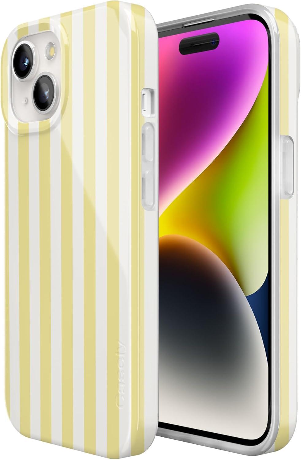 imageCasely iPhone 15 Plus Case Outside the Lines Crayola Marker Compatible with MagSafe Classic Ultra Slim DesignButter Yellow Stripes Sunday Best