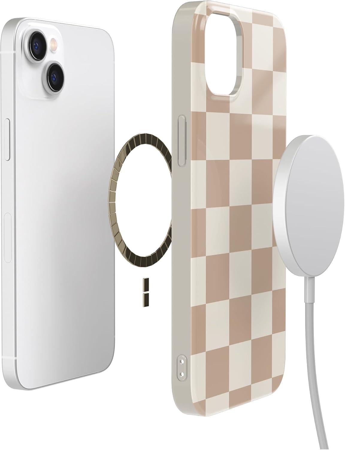 imageCasely iPhone 15 Plus Case Outside the Lines Crayola Marker Compatible with MagSafe Classic Ultra Slim DesignFit Check Neutral Checkerboard