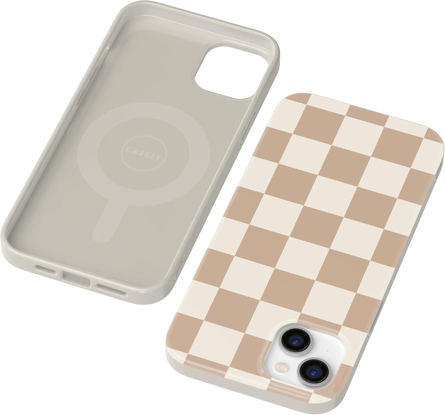 imageCasely iPhone 15 Plus Case Outside the Lines Crayola Marker Compatible with MagSafe Classic Ultra Slim DesignFit Check Neutral Checkerboard