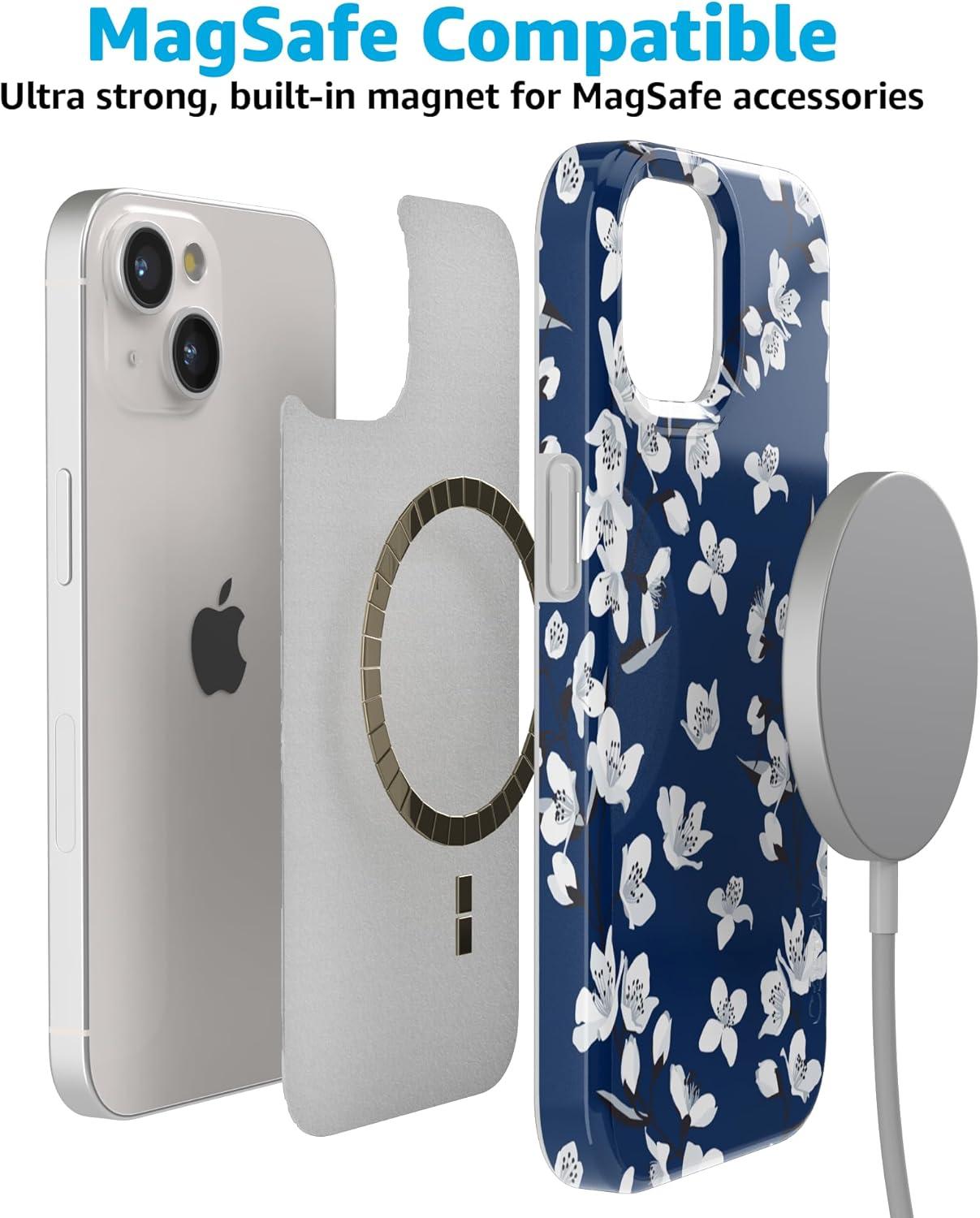 imageCasely iPhone 15 Plus Case Outside the Lines Crayola Marker Compatible with MagSafe Classic Ultra Slim DesignFloral Forest Navy Cherry Blossom Floral