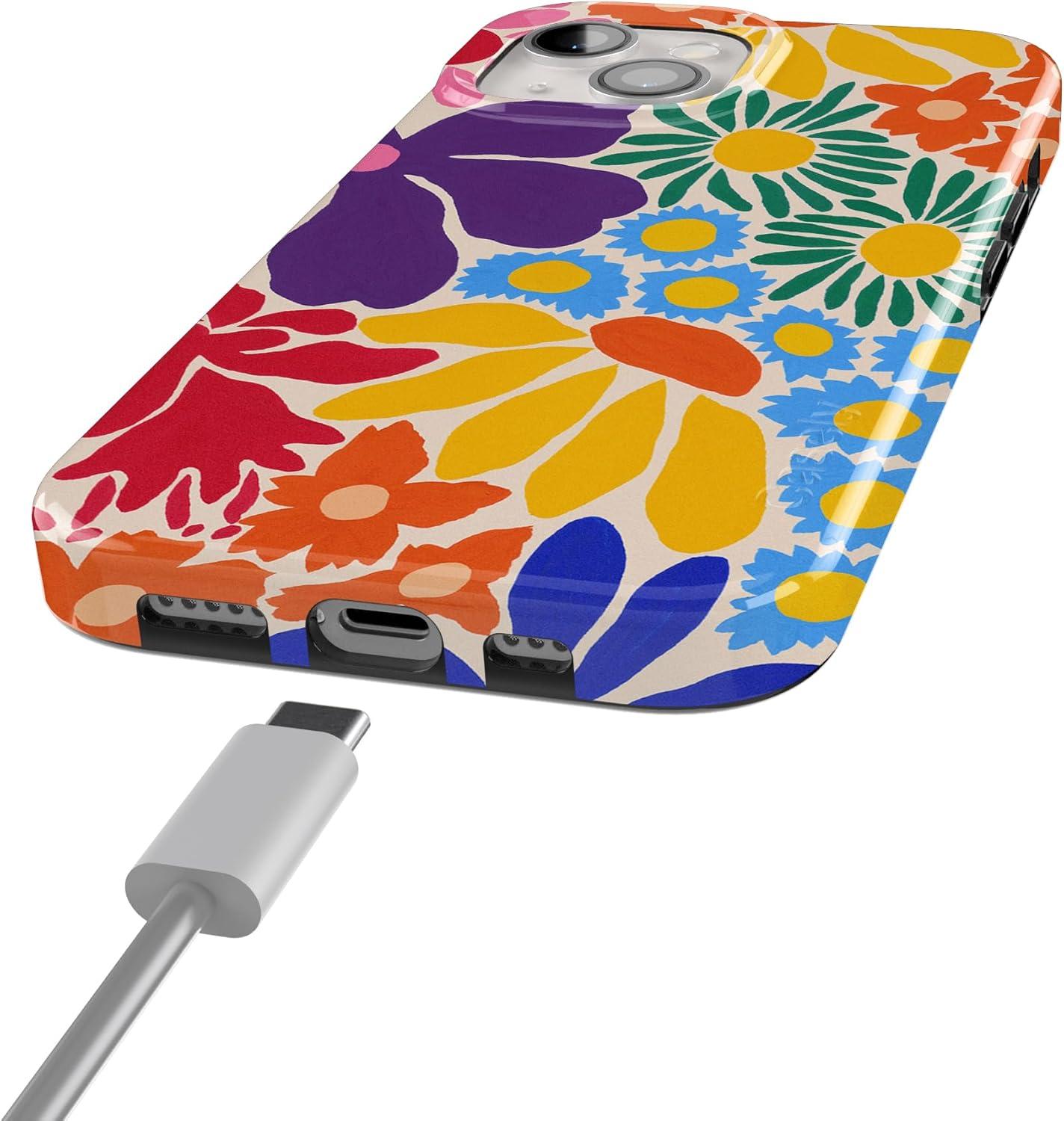 imageCasely iPhone 15 Plus Case Outside the Lines Crayola Marker Compatible with MagSafe Classic Ultra Slim DesignFlower Patch MultiColor Floral
