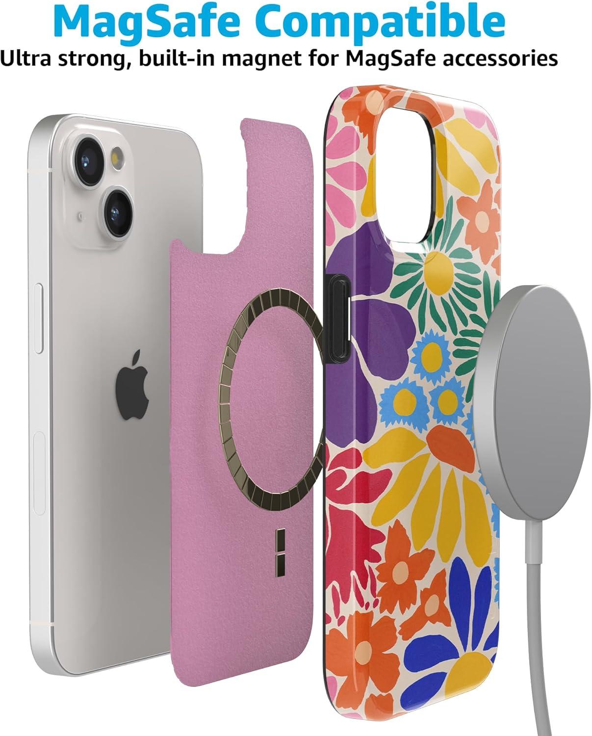 imageCasely iPhone 15 Plus Case Outside the Lines Crayola Marker Compatible with MagSafe Classic Ultra Slim DesignFlower Patch MultiColor Floral