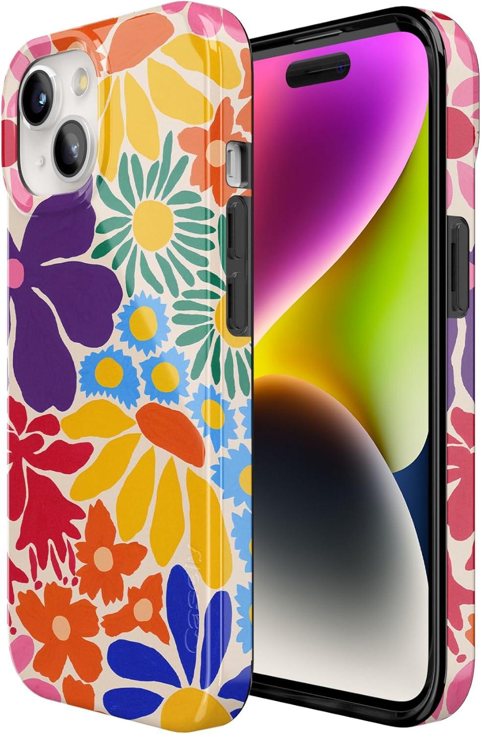 imageCasely iPhone 15 Plus Case Outside the Lines Crayola Marker Compatible with MagSafe Classic Ultra Slim DesignFlower Patch MultiColor Floral