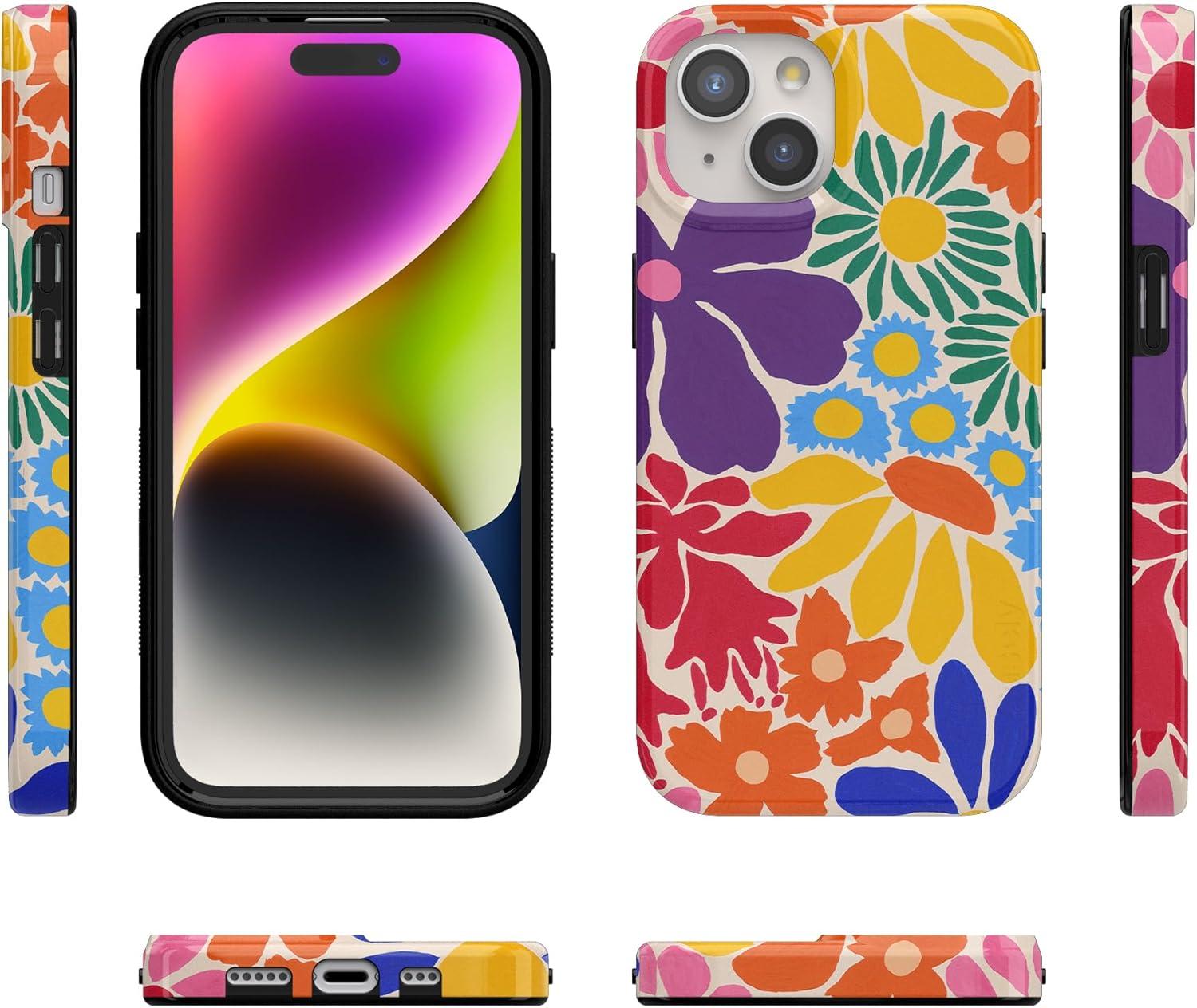 imageCasely iPhone 15 Plus Case Outside the Lines Crayola Marker Compatible with MagSafe Classic Ultra Slim DesignFlower Patch MultiColor Floral