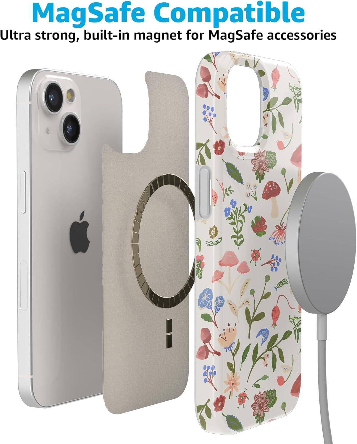 imageCasely iPhone 15 Plus Case Outside the Lines Crayola Marker Compatible with MagSafe Classic Ultra Slim DesignGarden Party Mushroom Floral