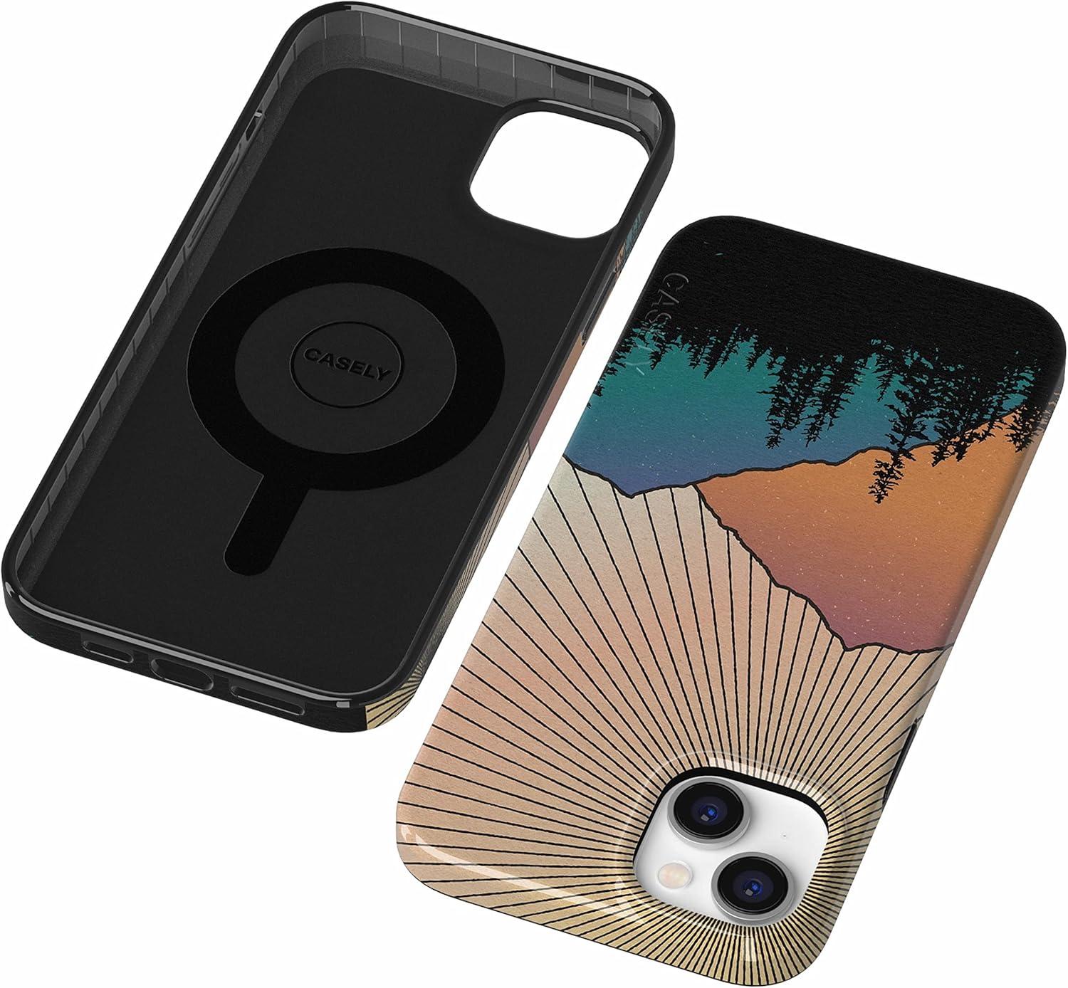 imageCasely iPhone 15 Plus Case Outside the Lines Crayola Marker Compatible with MagSafe Classic Ultra Slim DesignGolden Hour Mountain Sunset