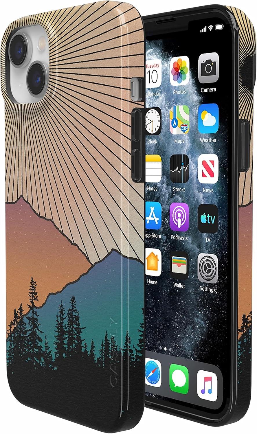 imageCasely iPhone 15 Plus Case Outside the Lines Crayola Marker Compatible with MagSafe Classic Ultra Slim DesignGolden Hour Mountain Sunset