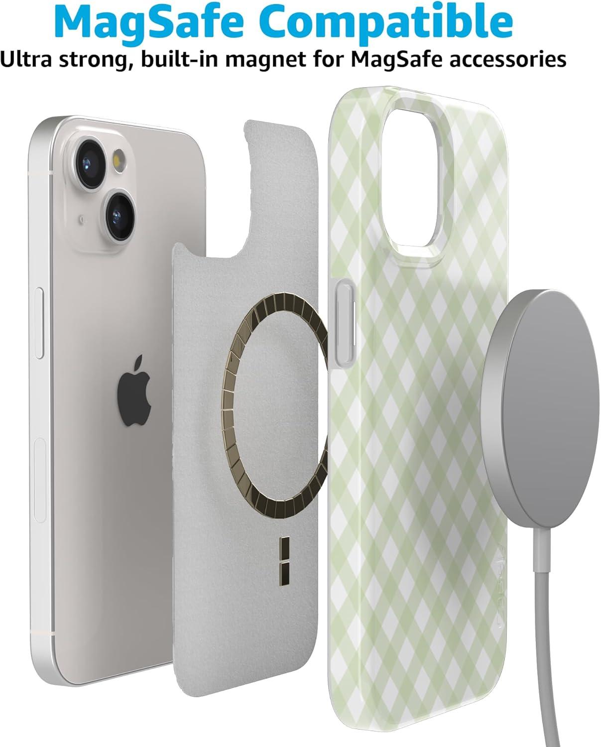 imageCasely iPhone 15 Plus Case Outside the Lines Crayola Marker Compatible with MagSafe Classic Ultra Slim DesignMint Lattice Sunday Best