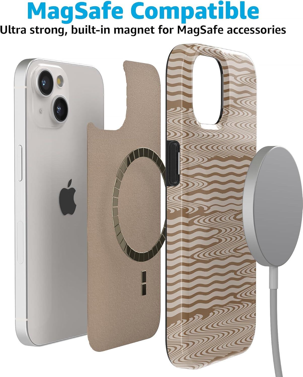 imageCasely iPhone 15 Plus Case Outside the Lines Crayola Marker Compatible with MagSafe Classic Ultra Slim DesignMocha Ripple Brown Waves Case