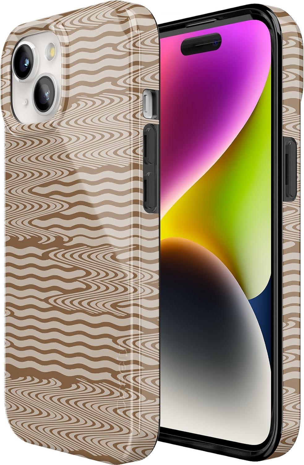 imageCasely iPhone 15 Plus Case Outside the Lines Crayola Marker Compatible with MagSafe Classic Ultra Slim DesignMocha Ripple Brown Waves Case