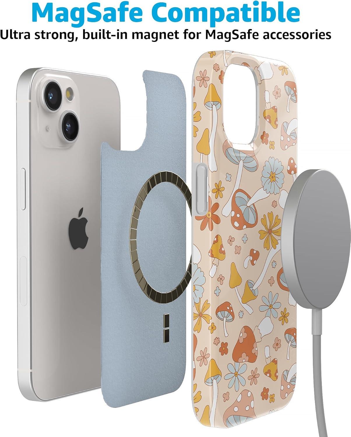 imageCasely iPhone 15 Plus Case Outside the Lines Crayola Marker Compatible with MagSafe Classic Ultra Slim DesignMushroom Magic Retro Floral