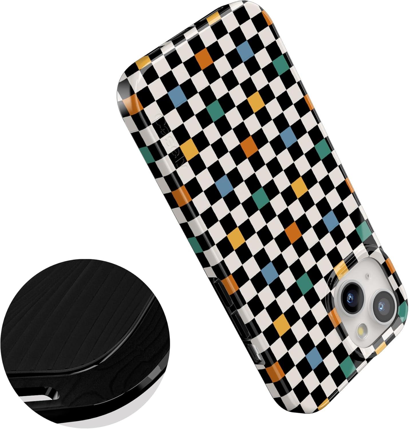imageCasely iPhone 15 Plus Case Outside the Lines Crayola Marker Compatible with MagSafe Classic Ultra Slim DesignOld Skool Retro Checkerboard