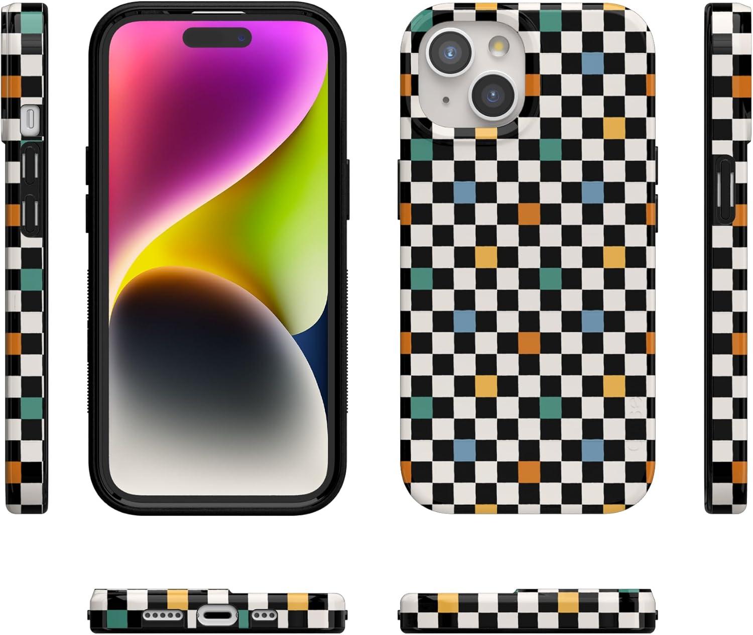 imageCasely iPhone 15 Plus Case Outside the Lines Crayola Marker Compatible with MagSafe Classic Ultra Slim DesignOld Skool Retro Checkerboard