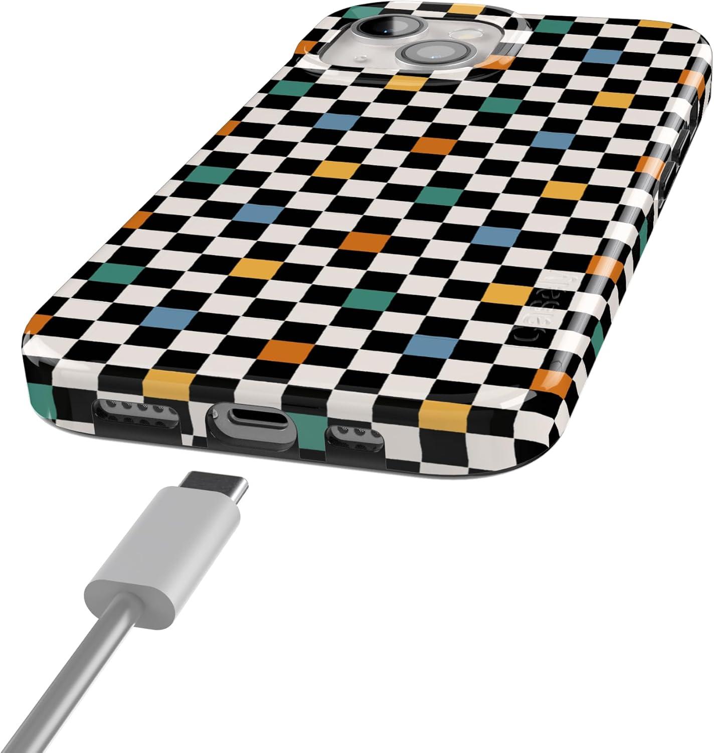 imageCasely iPhone 15 Plus Case Outside the Lines Crayola Marker Compatible with MagSafe Classic Ultra Slim DesignOld Skool Retro Checkerboard