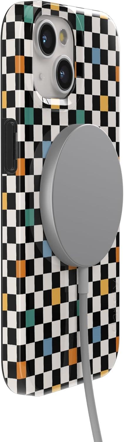 imageCasely iPhone 15 Plus Case Outside the Lines Crayola Marker Compatible with MagSafe Classic Ultra Slim DesignOld Skool Retro Checkerboard