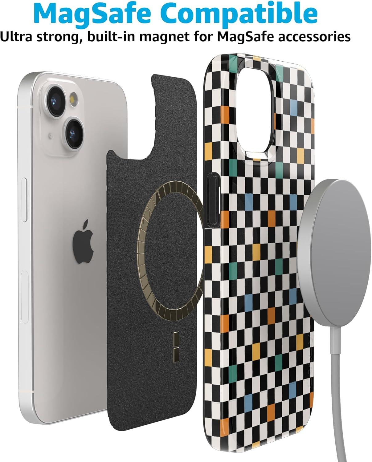 imageCasely iPhone 15 Plus Case Outside the Lines Crayola Marker Compatible with MagSafe Classic Ultra Slim DesignOld Skool Retro Checkerboard