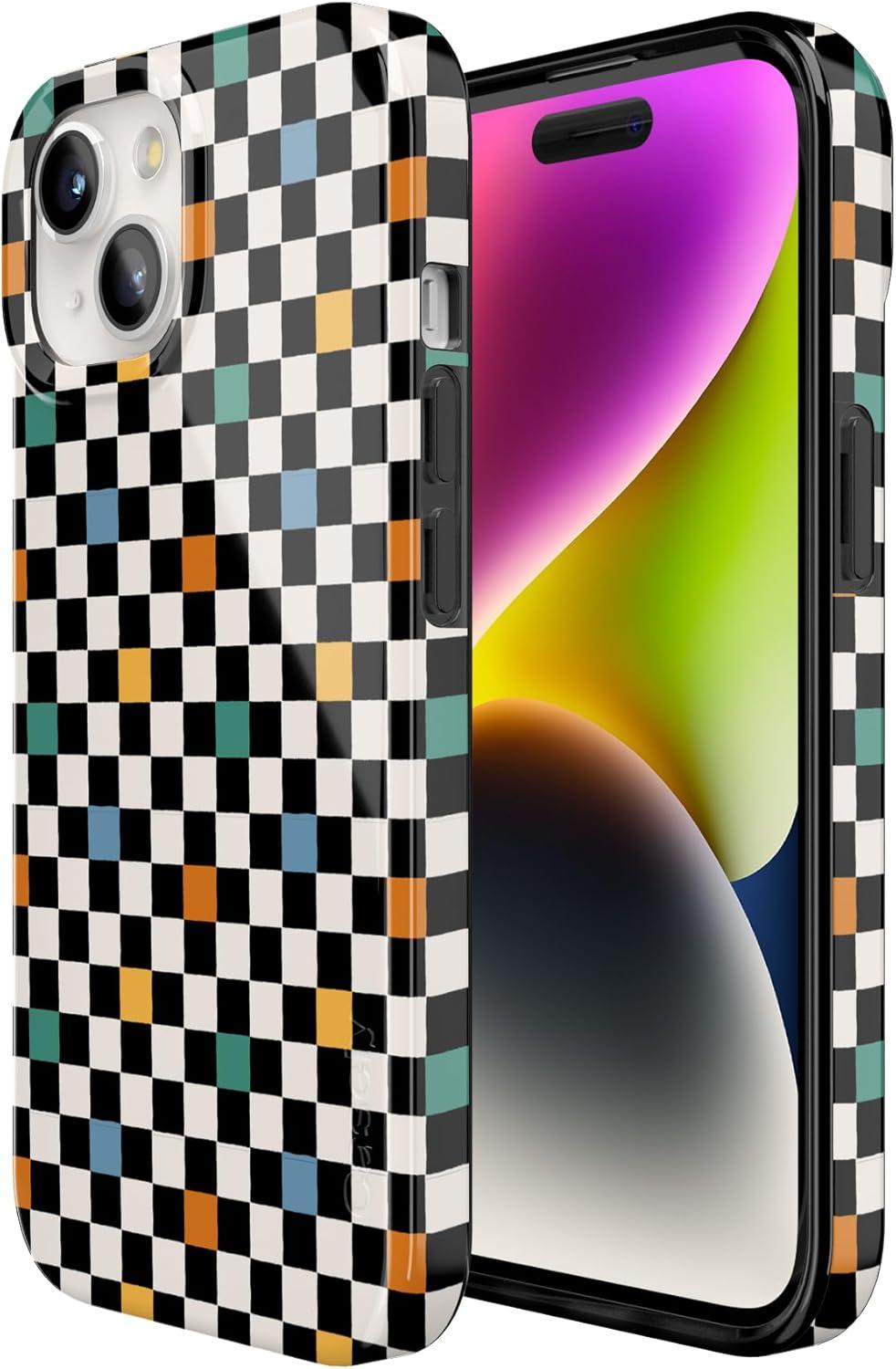imageCasely iPhone 15 Plus Case Outside the Lines Crayola Marker Compatible with MagSafe Classic Ultra Slim DesignOld Skool Retro Checkerboard