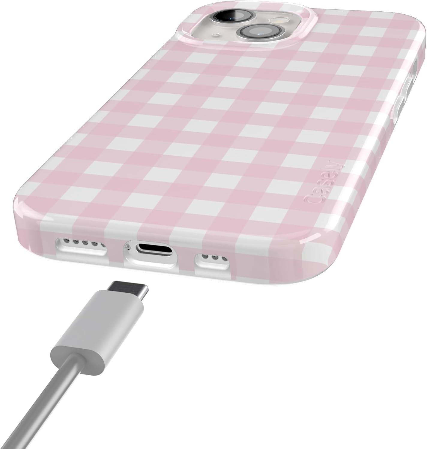 imageCasely iPhone 15 Plus Case Outside the Lines Crayola Marker Compatible with MagSafe Classic Ultra Slim DesignPink Plaid Sunday Best