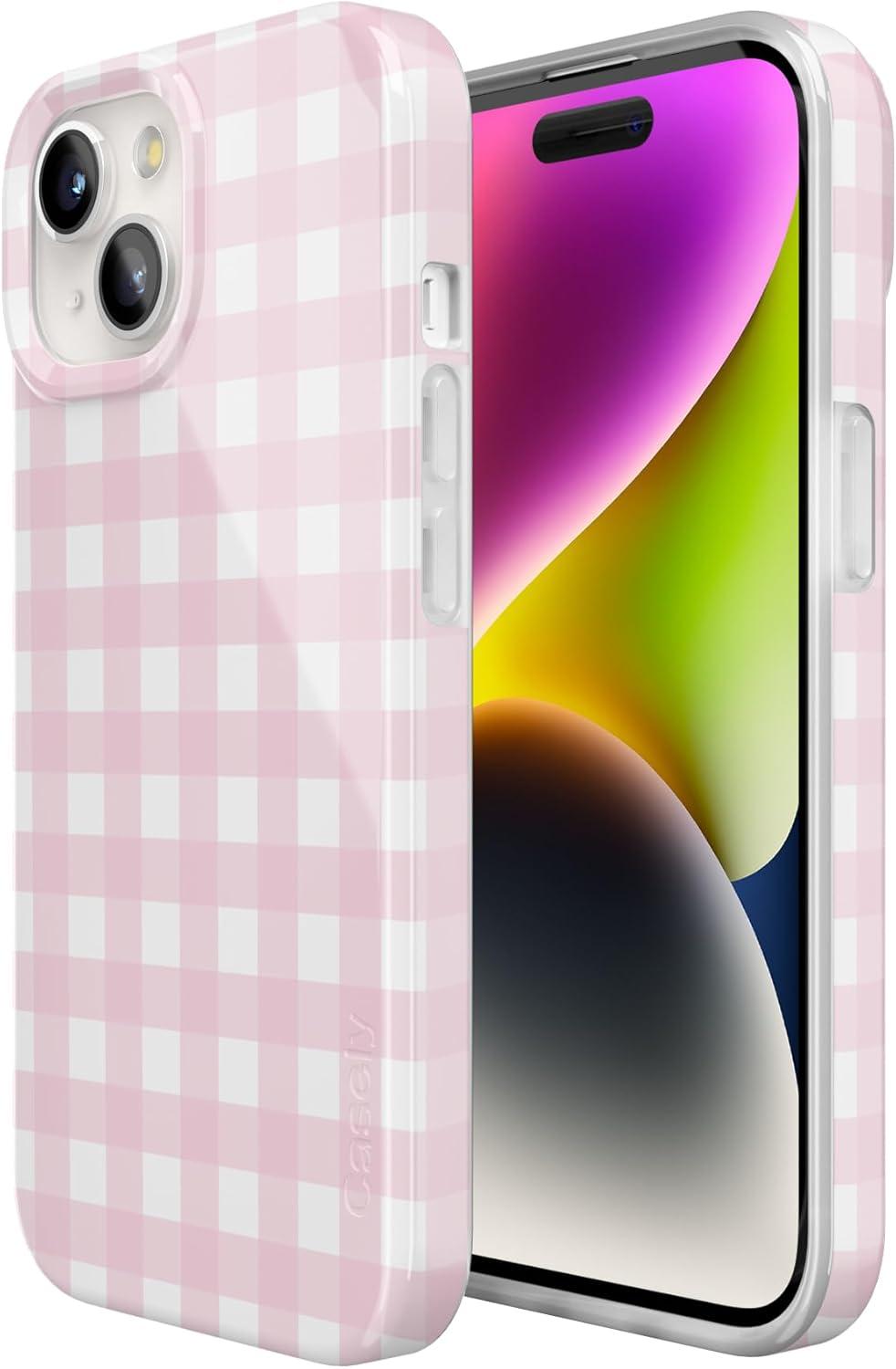 imageCasely iPhone 15 Plus Case Outside the Lines Crayola Marker Compatible with MagSafe Classic Ultra Slim DesignPink Plaid Sunday Best