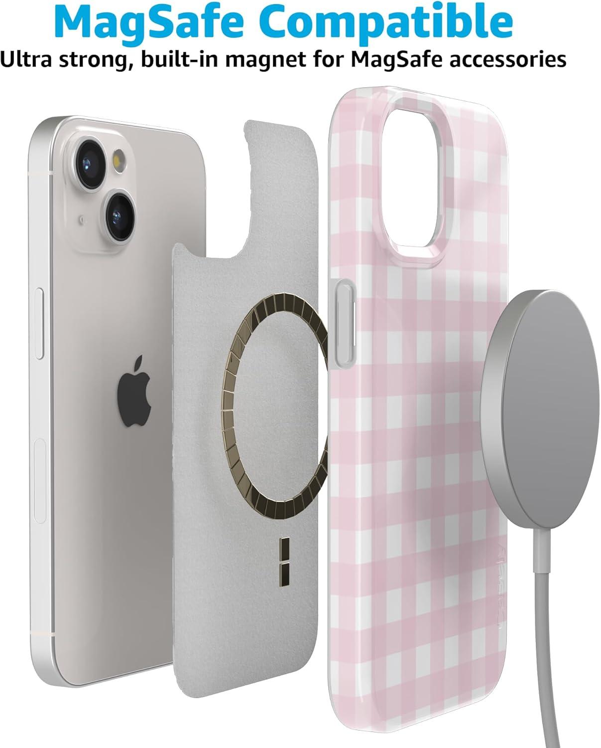 imageCasely iPhone 15 Plus Case Outside the Lines Crayola Marker Compatible with MagSafe Classic Ultra Slim DesignPink Plaid Sunday Best