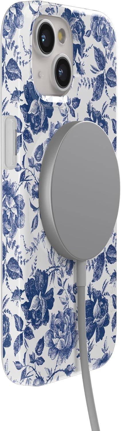 imageCasely iPhone 15 Plus Case Outside the Lines Crayola Marker Compatible with MagSafe Classic Ultra Slim DesignRose to Fame Blue White Floral