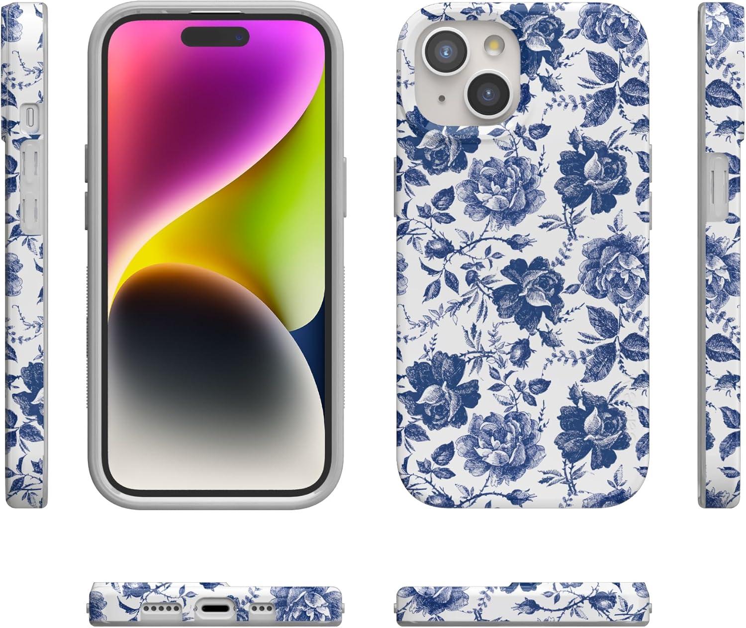 imageCasely iPhone 15 Plus Case Outside the Lines Crayola Marker Compatible with MagSafe Classic Ultra Slim DesignRose to Fame Blue White Floral