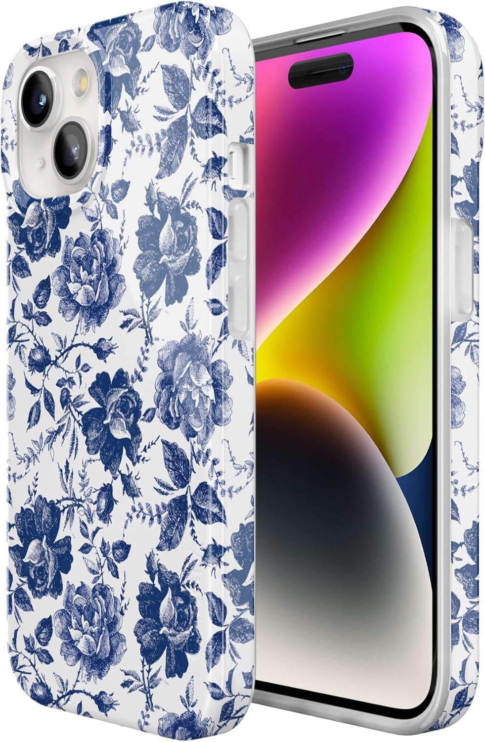 imageCasely iPhone 15 Plus Case Outside the Lines Crayola Marker Compatible with MagSafe Classic Ultra Slim DesignRose to Fame Blue White Floral