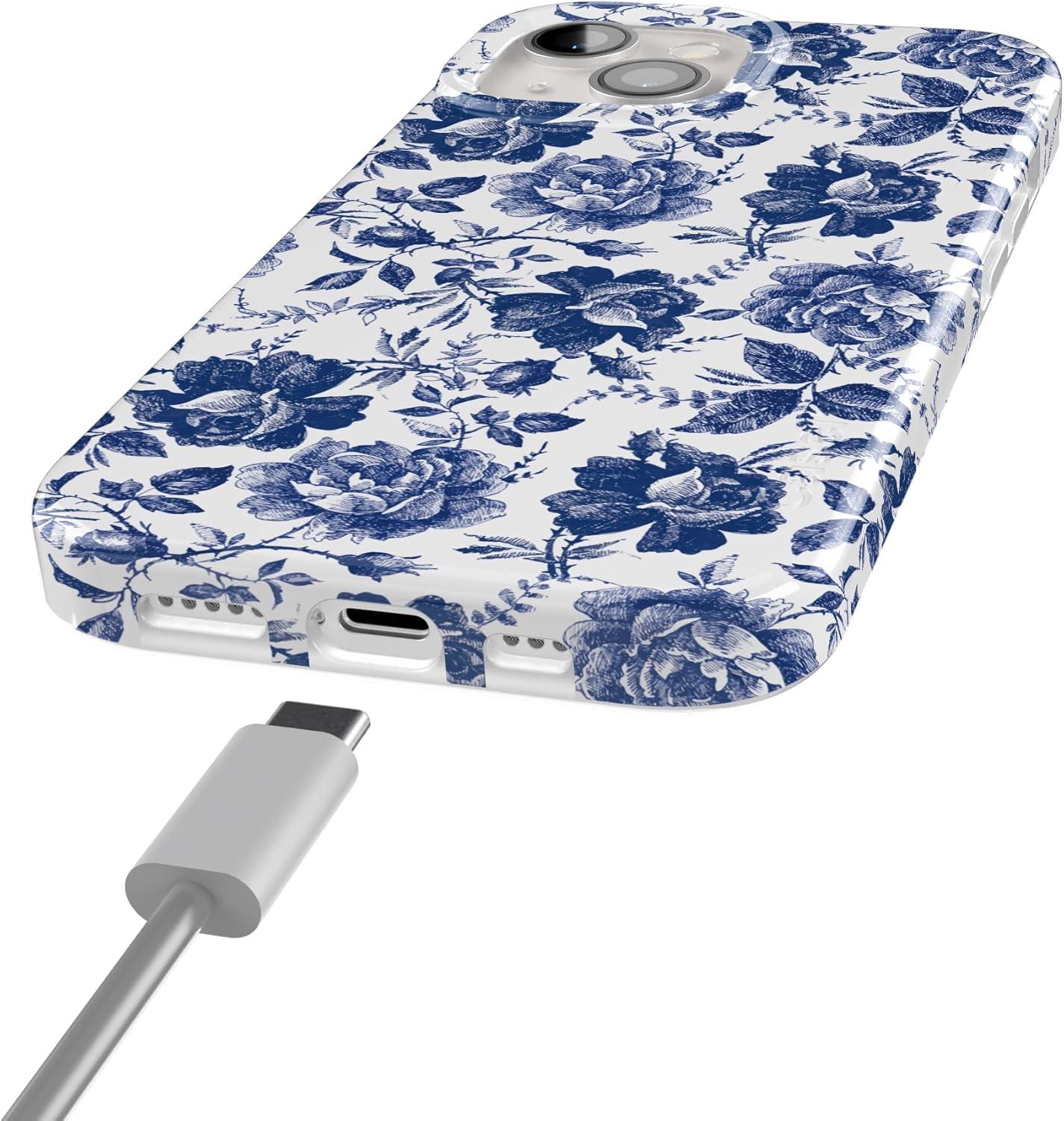 imageCasely iPhone 15 Plus Case Outside the Lines Crayola Marker Compatible with MagSafe Classic Ultra Slim DesignRose to Fame Blue White Floral