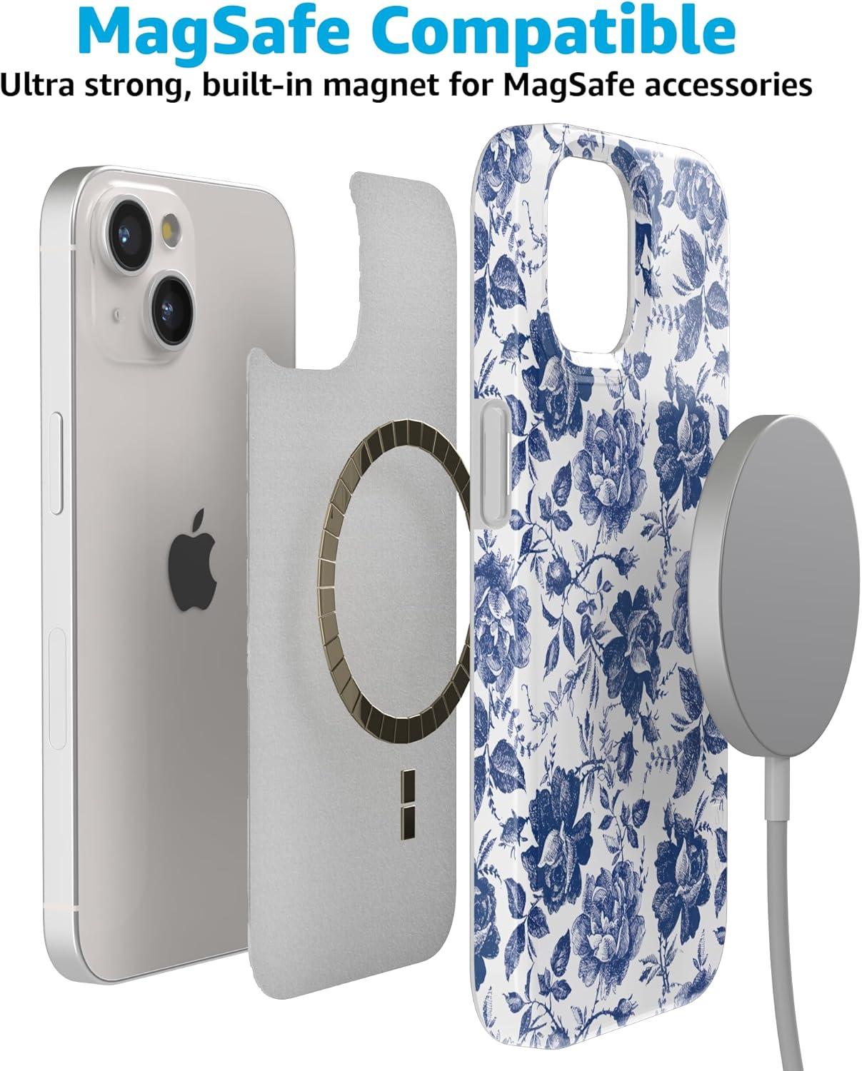 imageCasely iPhone 15 Plus Case Outside the Lines Crayola Marker Compatible with MagSafe Classic Ultra Slim DesignRose to Fame Blue White Floral