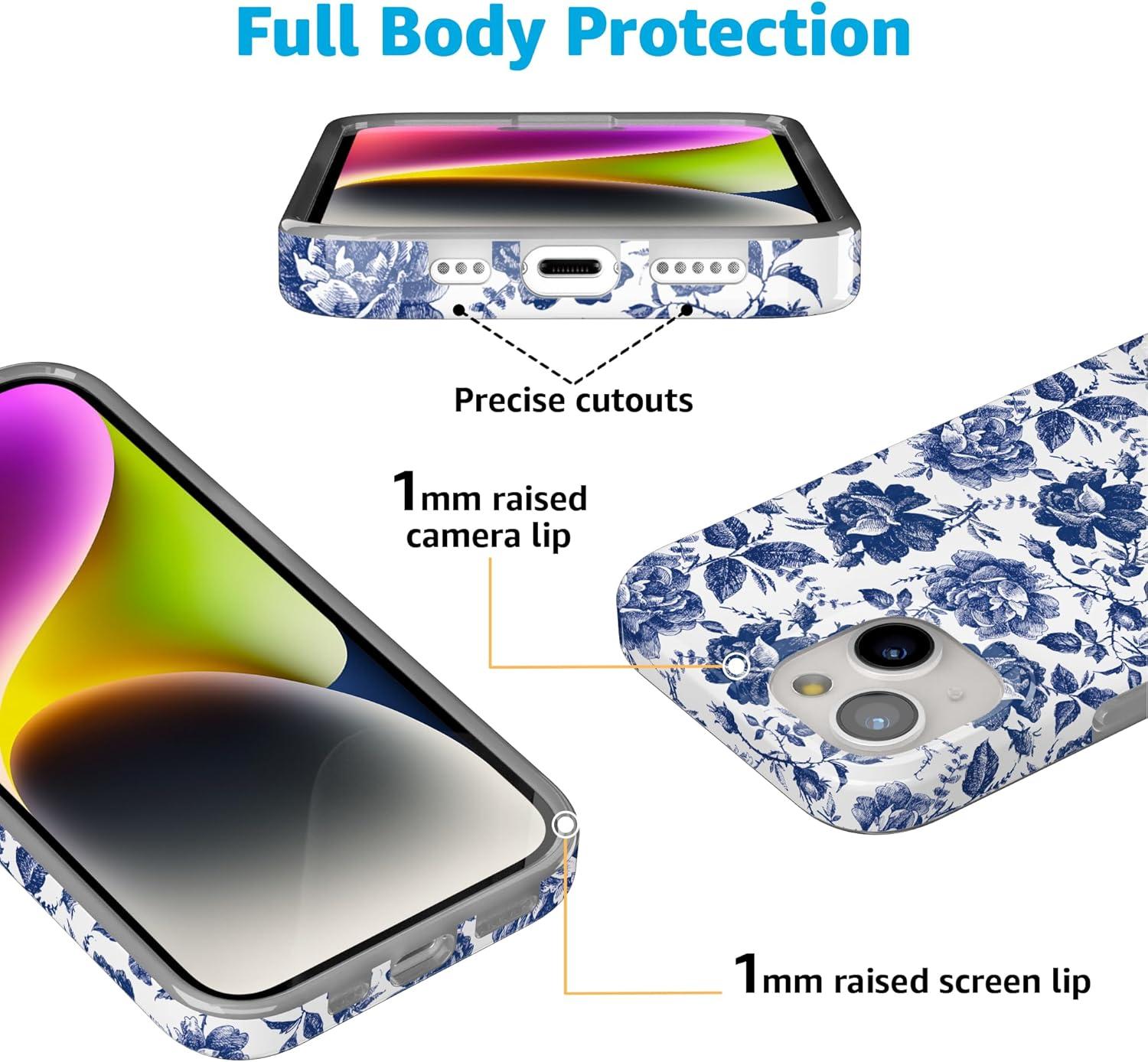 imageCasely iPhone 15 Plus Case Outside the Lines Crayola Marker Compatible with MagSafe Classic Ultra Slim DesignRose to Fame Blue White Floral