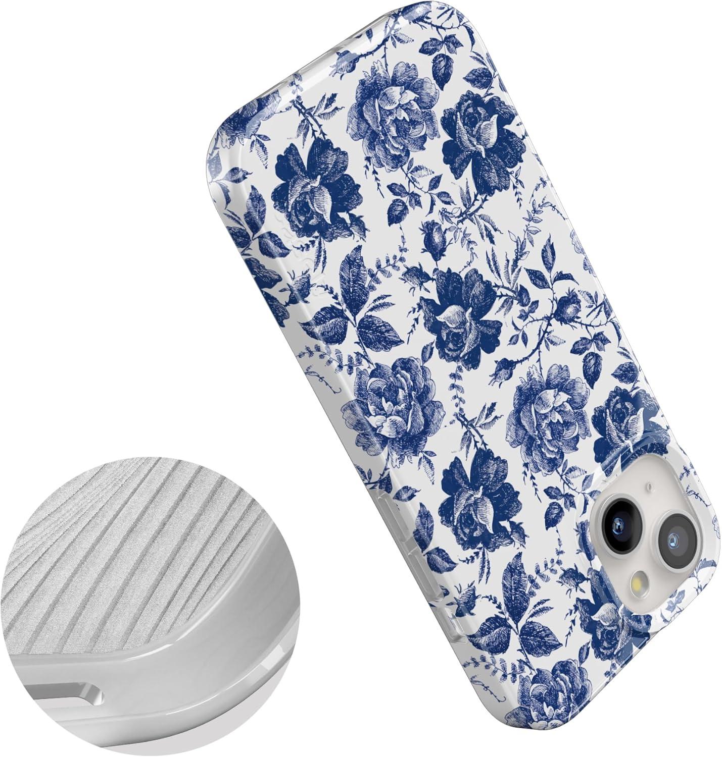 imageCasely iPhone 15 Plus Case Outside the Lines Crayola Marker Compatible with MagSafe Classic Ultra Slim DesignRose to Fame Blue White Floral