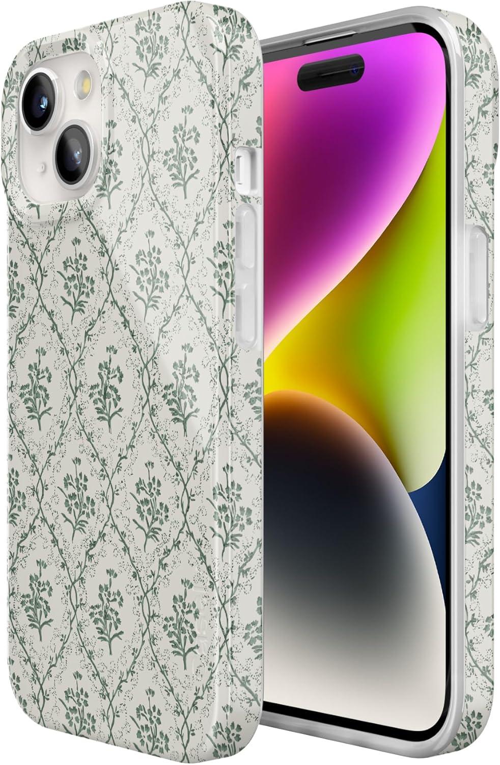 imageCasely iPhone 15 Plus Case Outside the Lines Crayola Marker Compatible with MagSafe Classic Ultra Slim DesignSage Tapestry Floral Vines