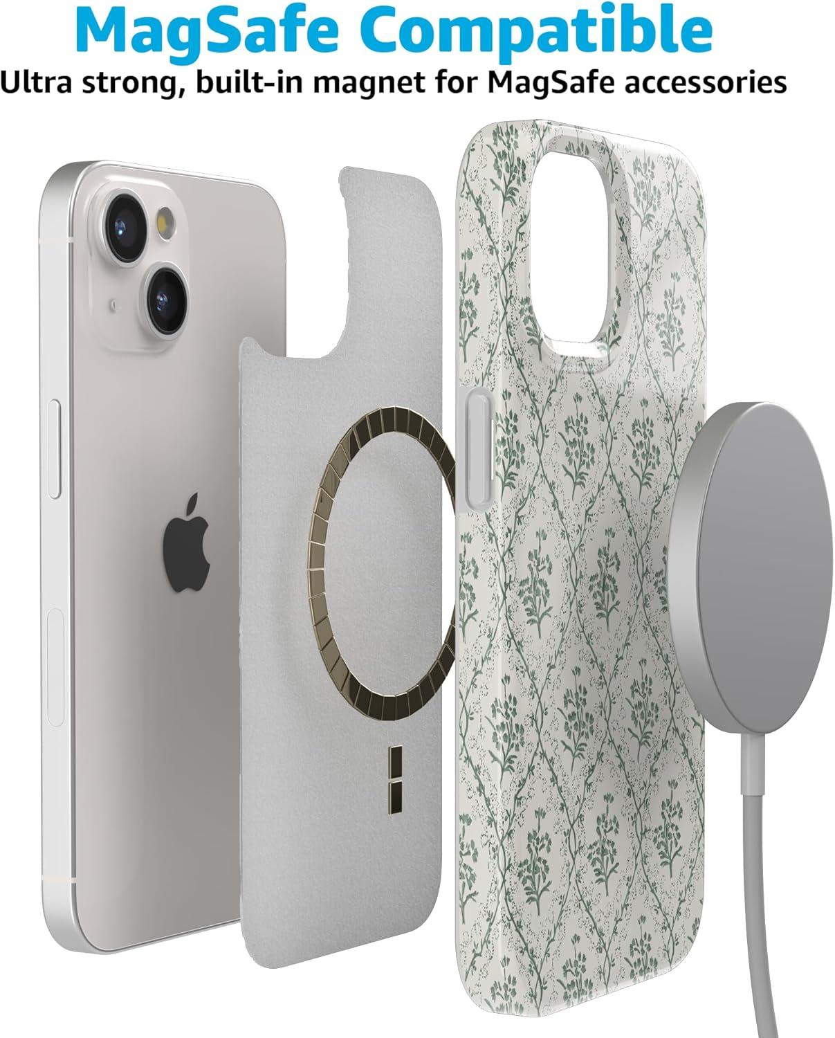 imageCasely iPhone 15 Plus Case Outside the Lines Crayola Marker Compatible with MagSafe Classic Ultra Slim DesignSage Tapestry Floral Vines