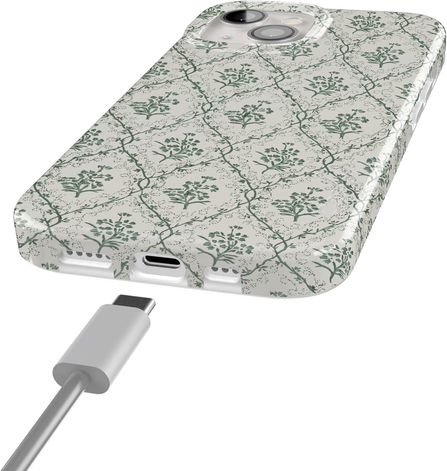 imageCasely iPhone 15 Plus Case Outside the Lines Crayola Marker Compatible with MagSafe Classic Ultra Slim DesignSage Tapestry Floral Vines