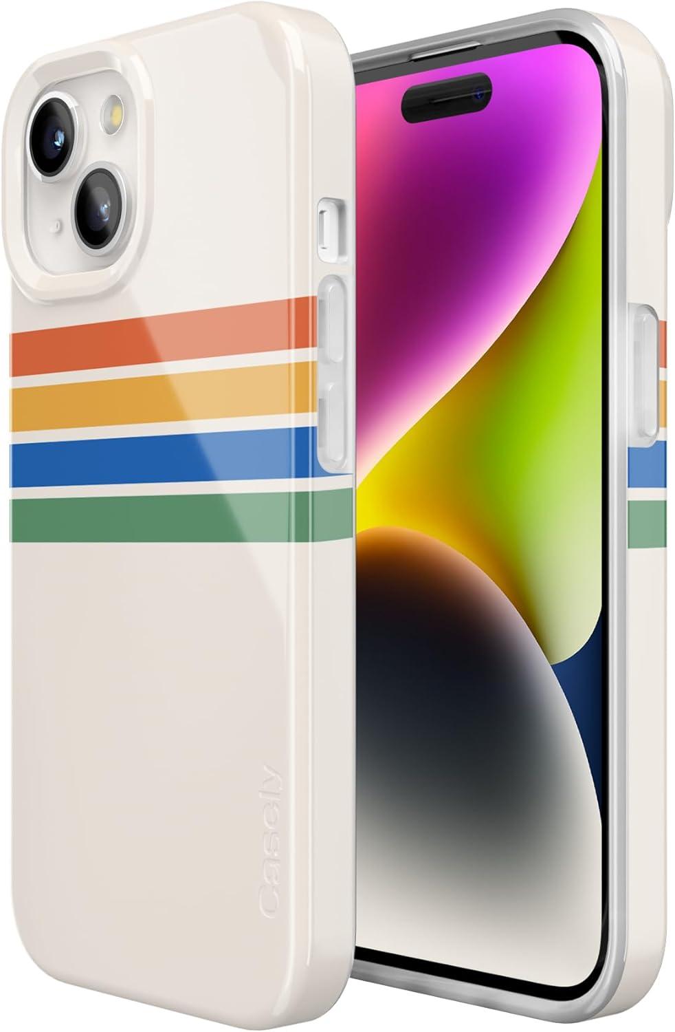 imageCasely iPhone 15 Plus Case Outside the Lines Crayola Marker Compatible with MagSafe Classic Ultra Slim DesignTotally Groovy Rainbow Stripes Color Block
