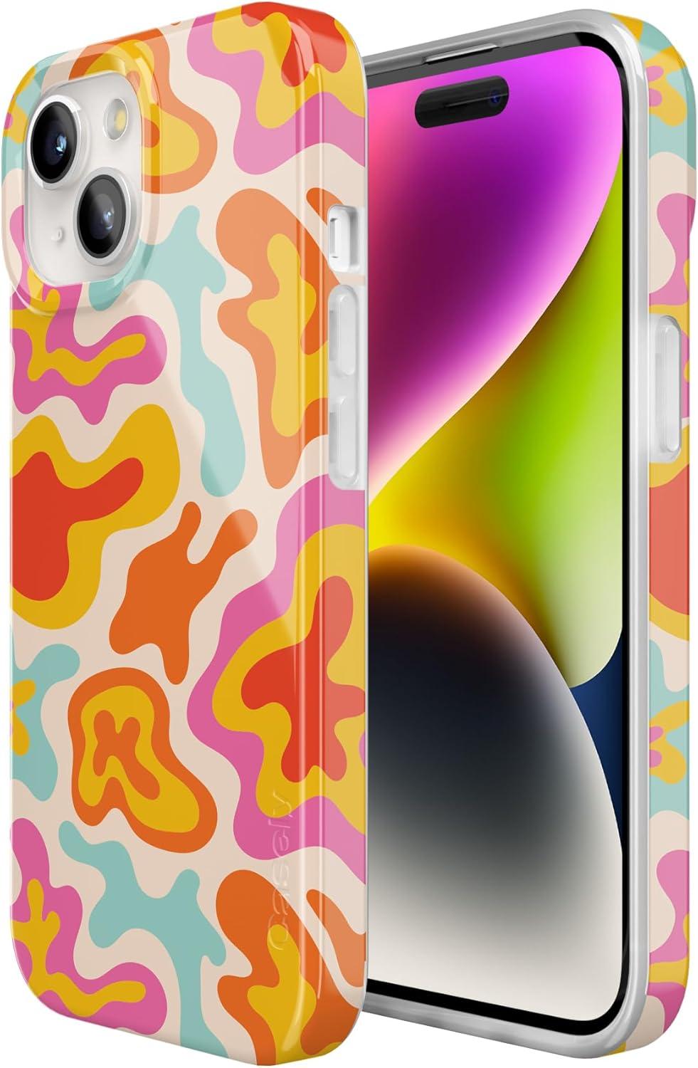 imageCasely iPhone 15 Plus Case Outside the Lines Crayola Marker Compatible with MagSafe Classic Ultra Slim DesignTropical Color Splash Abstract Retro