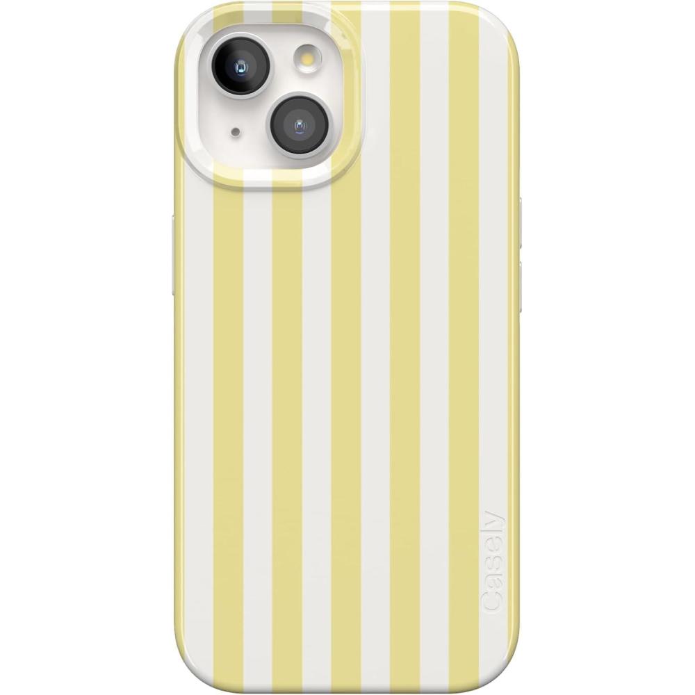 imageCasely iPhone 15 Plus Case Outside the Lines Crayola Marker Compatible with MagSafe Classic Ultra Slim DesignButter Yellow Stripes Sunday Best