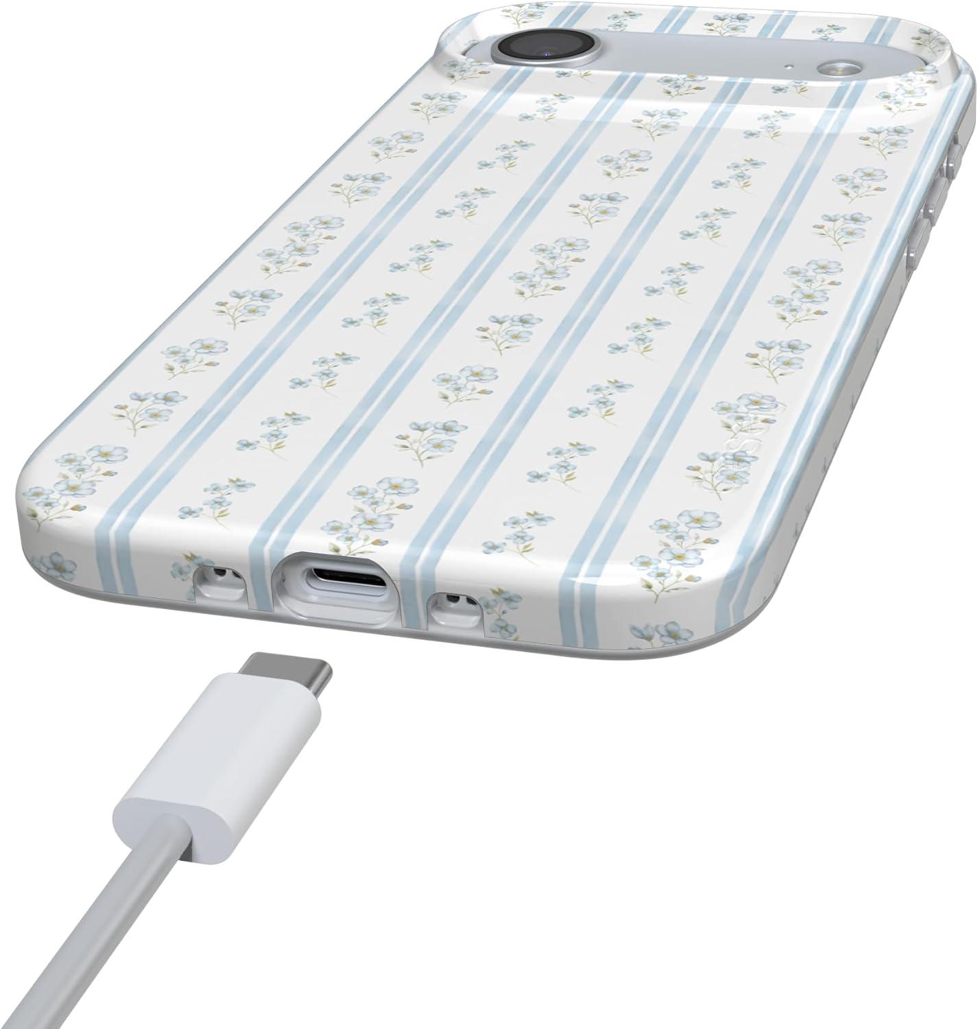 imageCasely iPhone 17 Air Case Cottage Stripe Blue Floral Compatible with MagSafe Classic Ultra Thin Design
