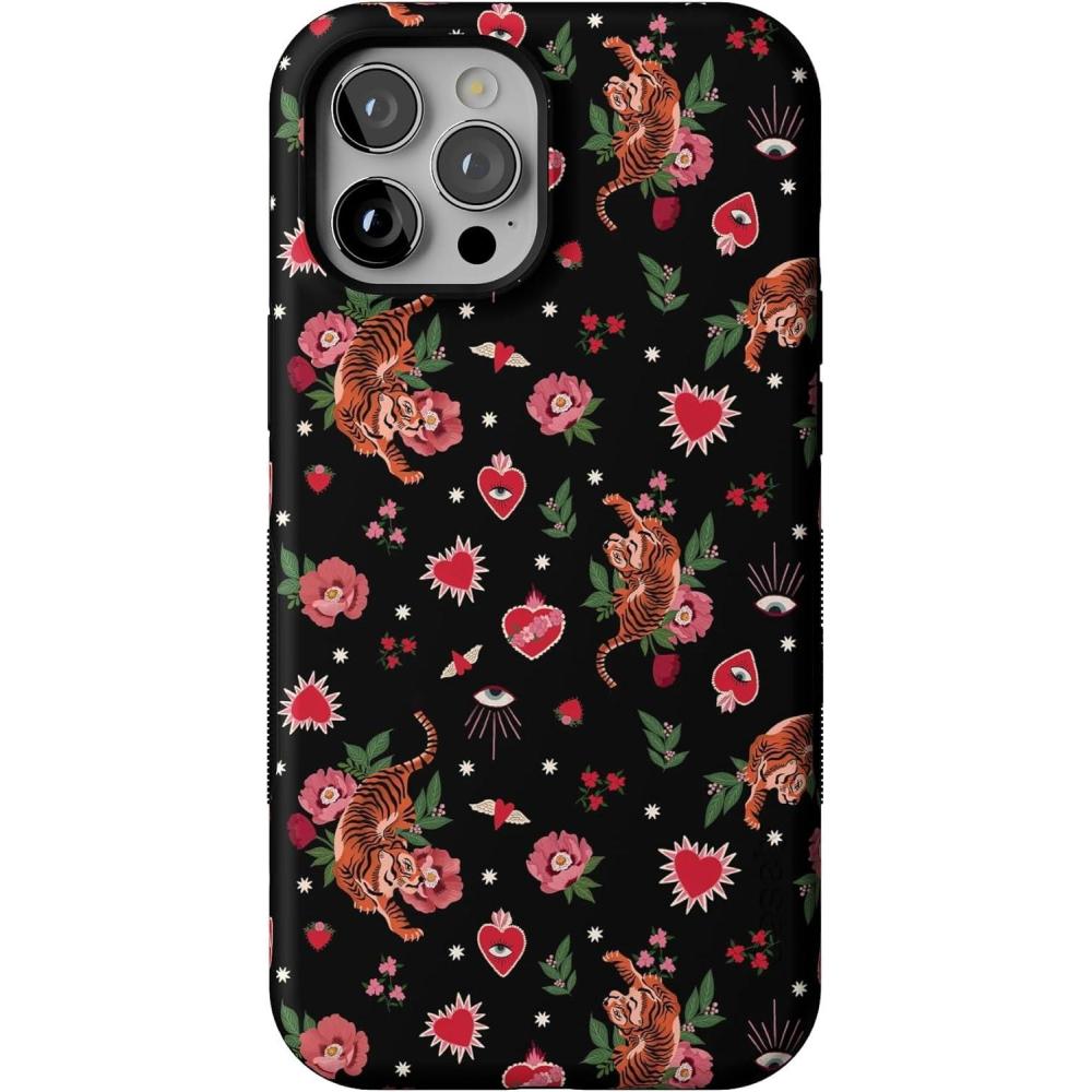 imageCasely iPhone 12 Pro Max Case Wild at Heart Tattooed Tigers Flowers and Sacred Hearts with Evil Eye Bold Protective Design MagSafe Compatible