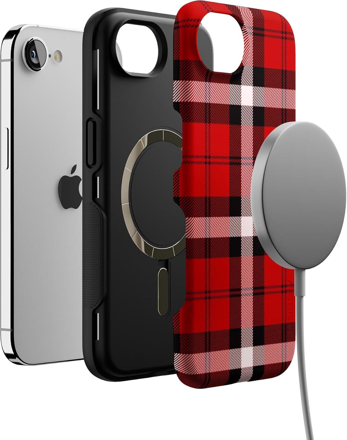 imageCasely iPhone 16e Case The Boyfriend Collection Army Green Bold Protective Design MagSafe Compatible DesignAs if Red Plaid