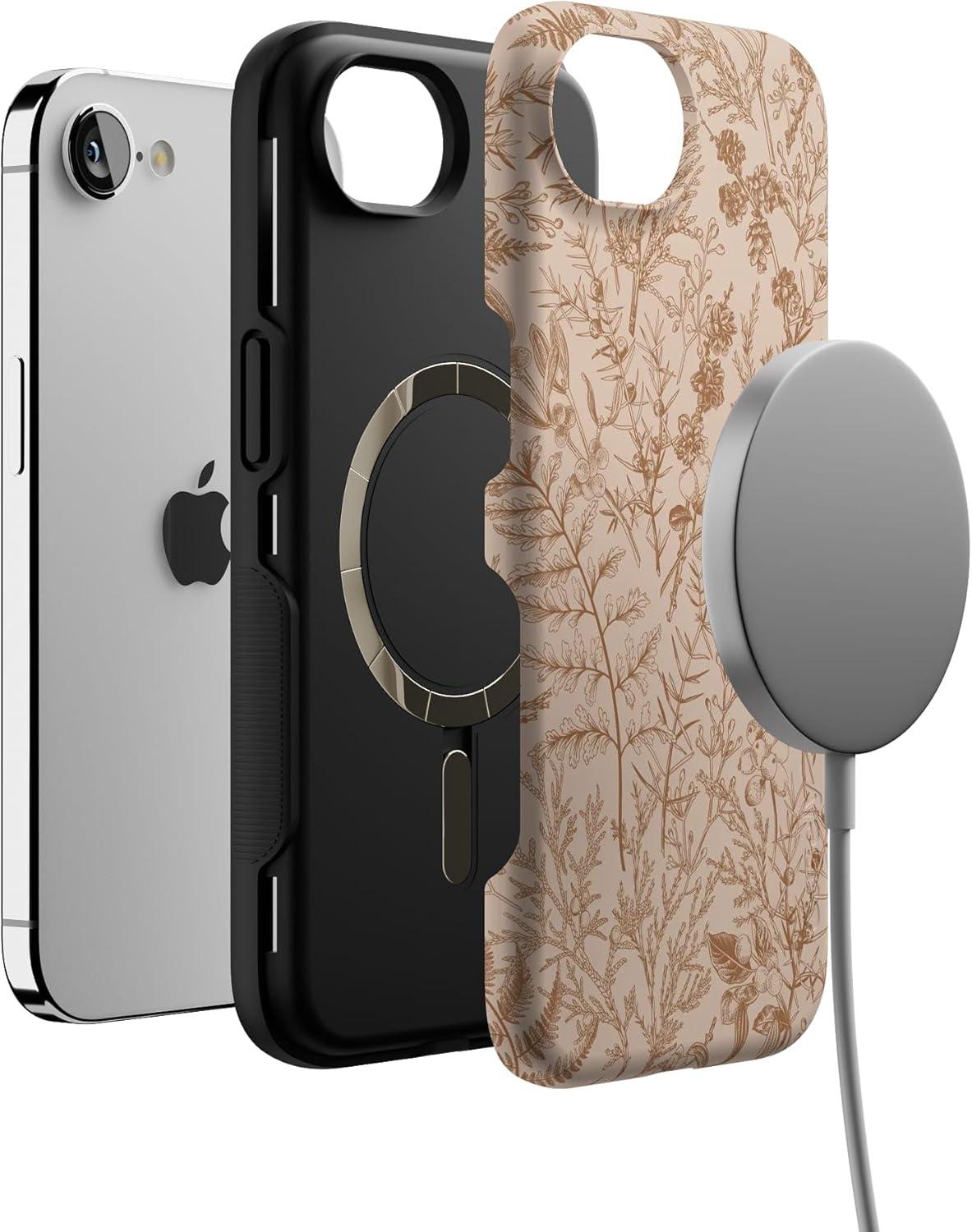imageCasely iPhone 16e Case The Boyfriend Collection Army Green Bold Protective Design MagSafe Compatible DesignBeige Garden Neutral Floral
