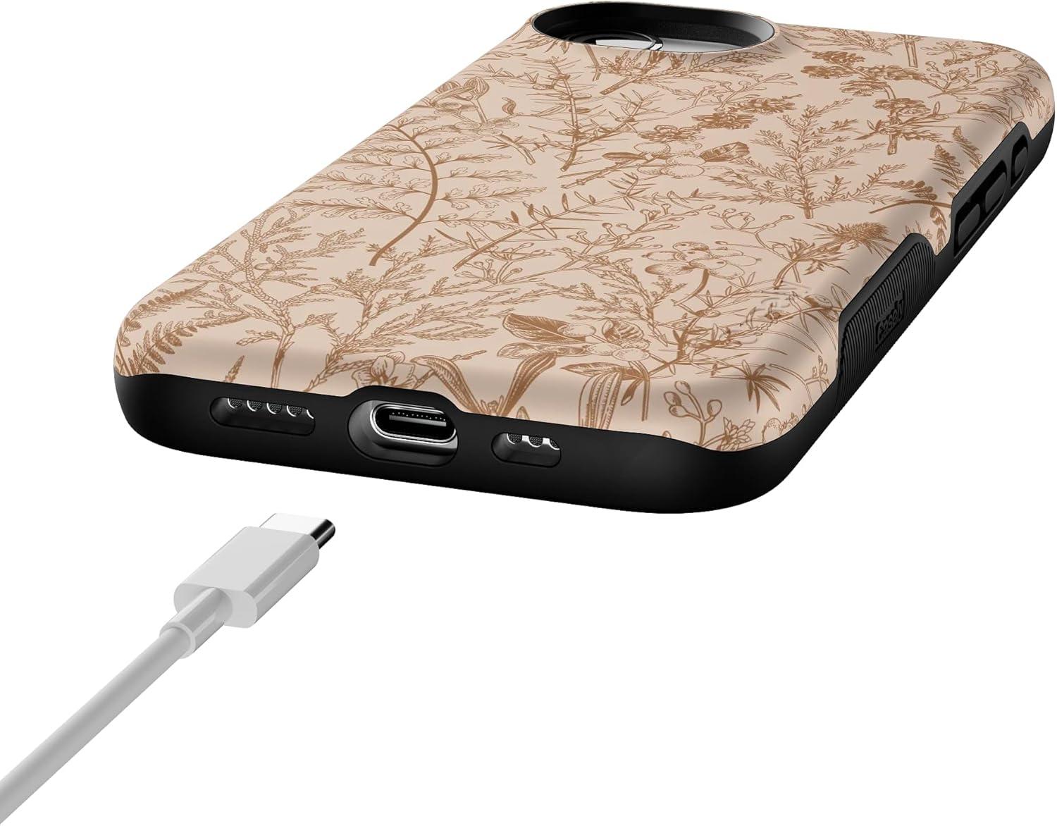 imageCasely iPhone 16e Case The Boyfriend Collection Army Green Bold Protective Design MagSafe Compatible DesignBeige Garden Neutral Floral