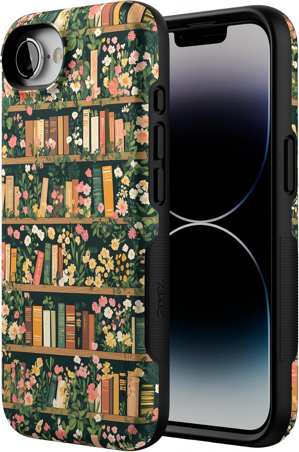 imageCasely iPhone 16e Case The Boyfriend Collection Army Green Bold Protective Design MagSafe Compatible DesignBook Nook Floral Library