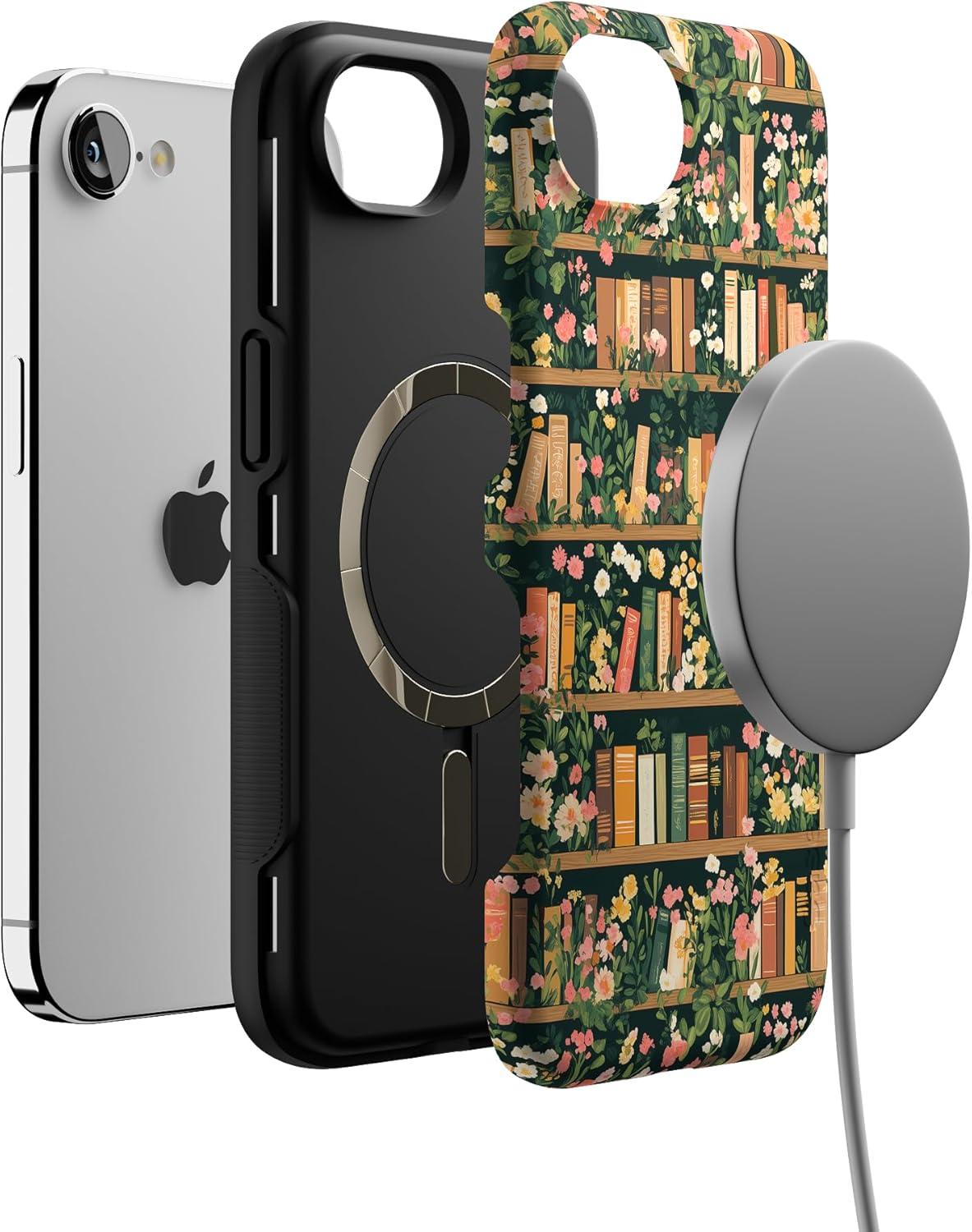 imageCasely iPhone 16e Case The Boyfriend Collection Army Green Bold Protective Design MagSafe Compatible DesignBook Nook Floral Library