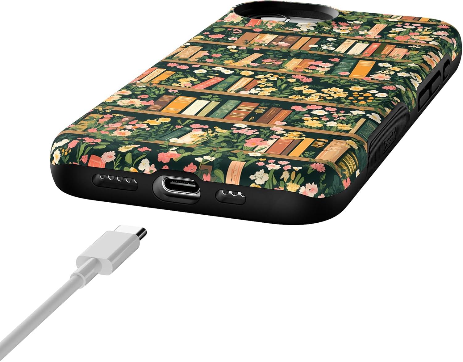 imageCasely iPhone 16e Case The Boyfriend Collection Army Green Bold Protective Design MagSafe Compatible DesignBook Nook Floral Library