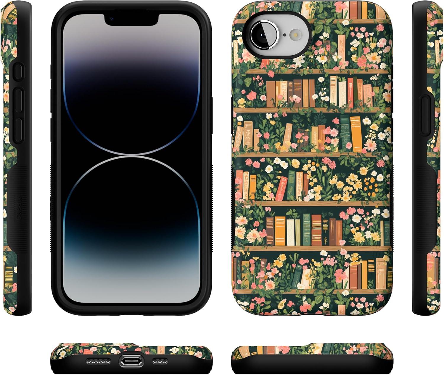imageCasely iPhone 16e Case The Boyfriend Collection Army Green Bold Protective Design MagSafe Compatible DesignBook Nook Floral Library