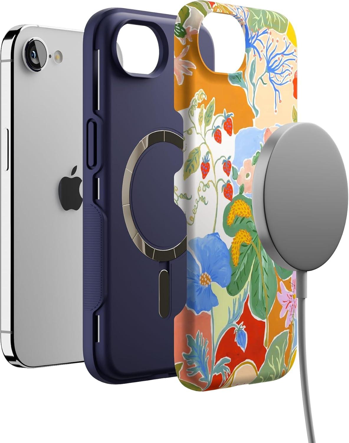 imageCasely iPhone 16e Case The Boyfriend Collection Army Green Bold Protective Design MagSafe Compatible DesignBotanical Blooms Floral Patchwork