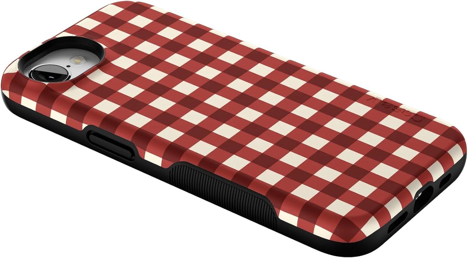 imageCasely iPhone 16e Case The Boyfriend Collection Army Green Bold Protective Design MagSafe Compatible DesignChecked Twice Red Plaid