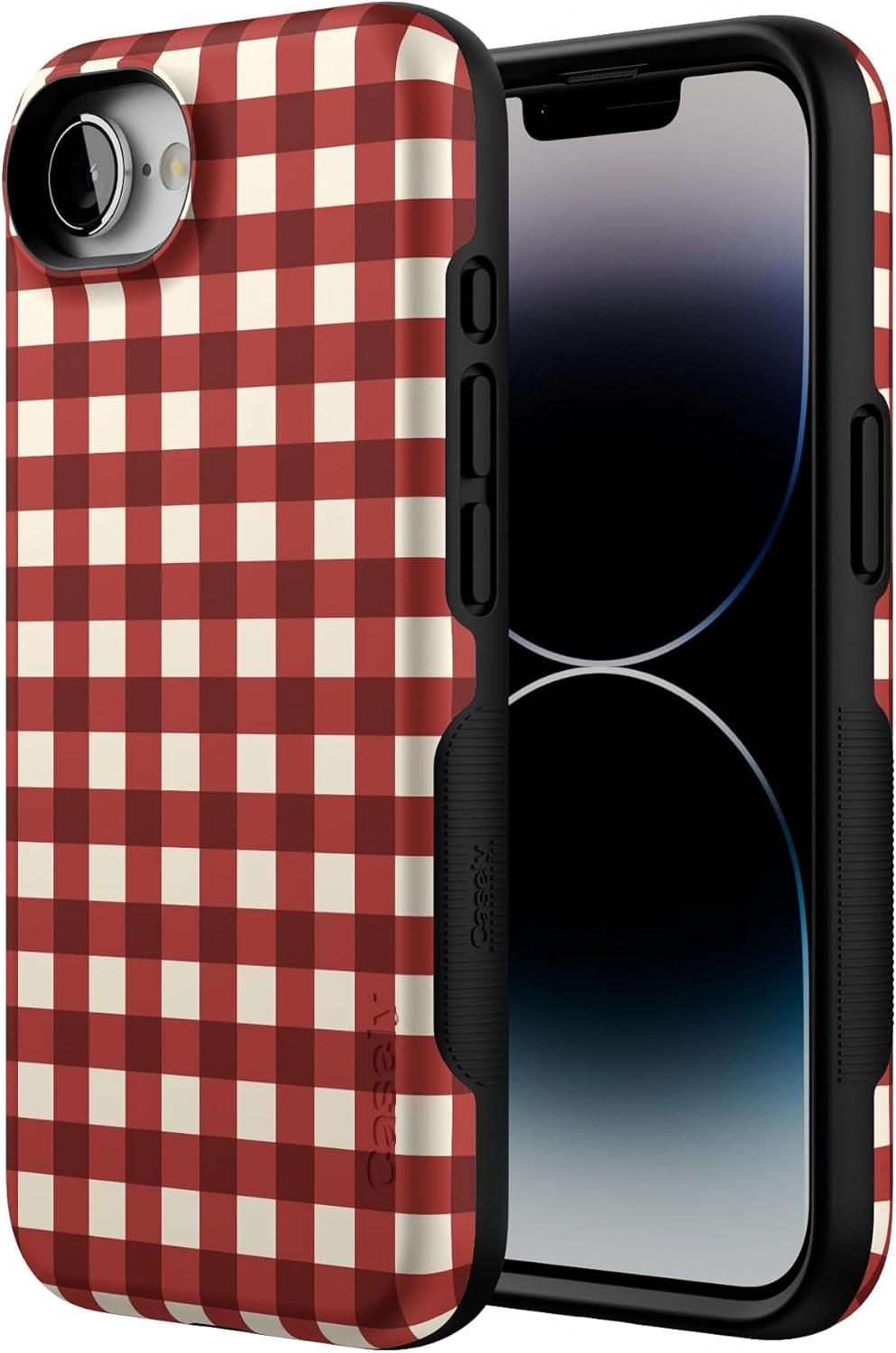 imageCasely iPhone 16e Case The Boyfriend Collection Army Green Bold Protective Design MagSafe Compatible DesignChecked Twice Red Plaid