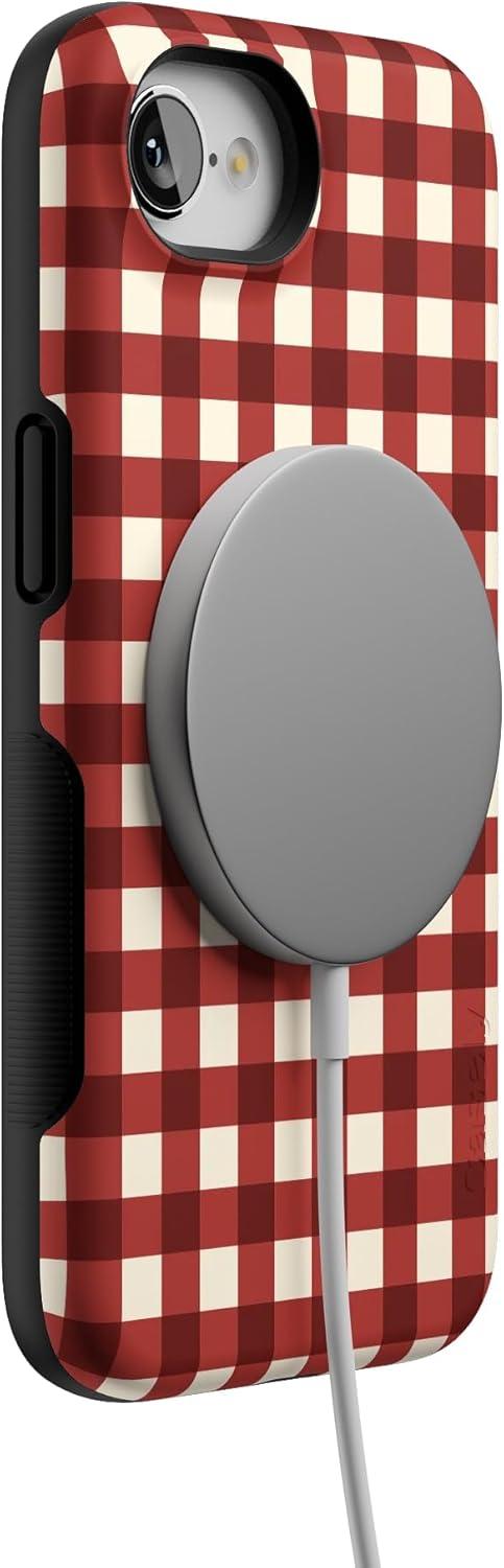 imageCasely iPhone 16e Case The Boyfriend Collection Army Green Bold Protective Design MagSafe Compatible DesignChecked Twice Red Plaid
